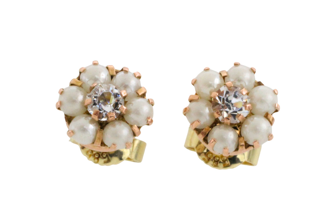 Pearl and zircon studs in 14 carat gold-Earrings-The Antique Ring Shop