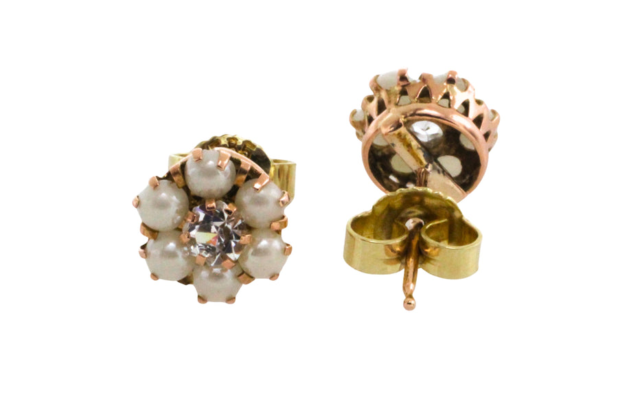 Pearl and zircon studs in 14 carat gold-Earrings-The Antique Ring Shop