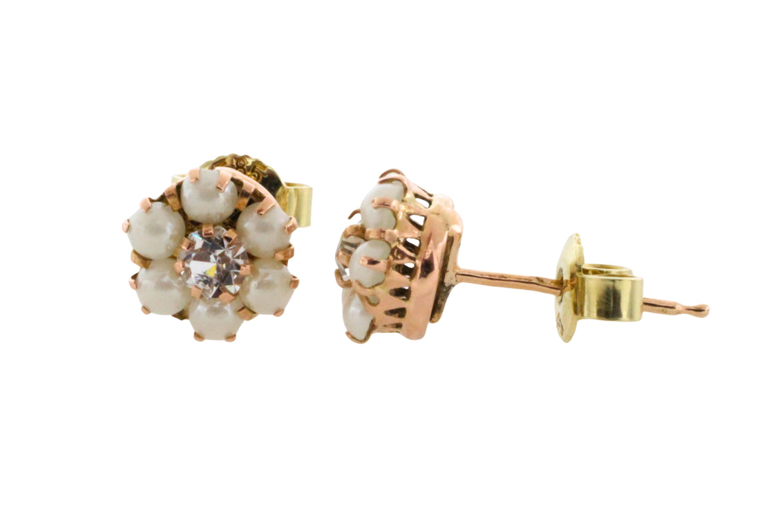 Pearl and zircon studs in 14 carat gold-Earrings-The Antique Ring Shop