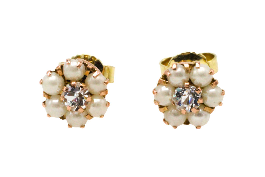 Pearl and zircon studs in 14 carat gold-Earrings-The Antique Ring Shop
