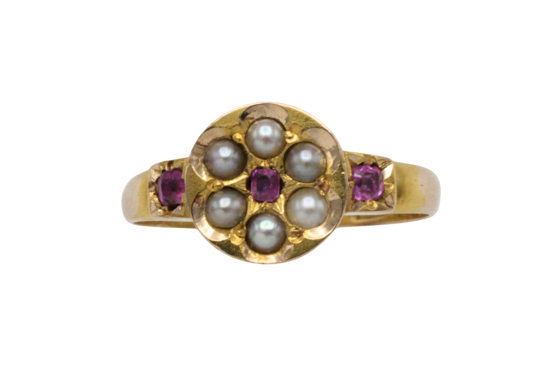 Victorian ruby and seed pearl ring from 1878-The Antique Ring Shop