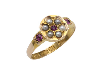 Victorian ruby and seed pearl ring from 1878