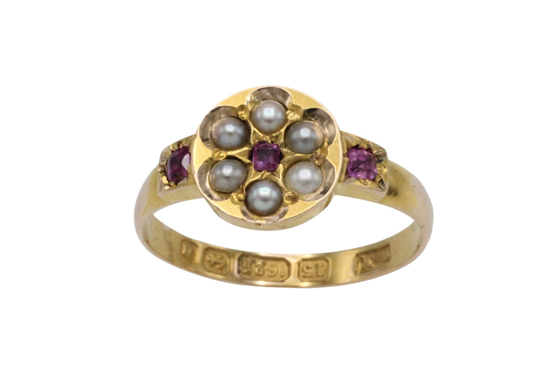 Victorian ruby and seed pearl ring from 1878-The Antique Ring Shop