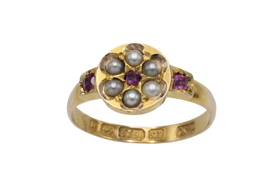 Victorian ruby and seed pearl ring from 1878-The Antique Ring Shop