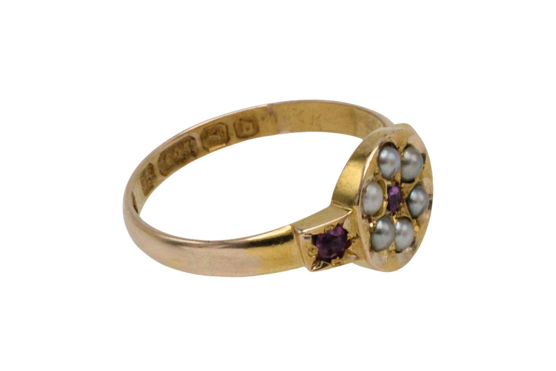 Victorian ruby and seed pearl ring from 1878-The Antique Ring Shop