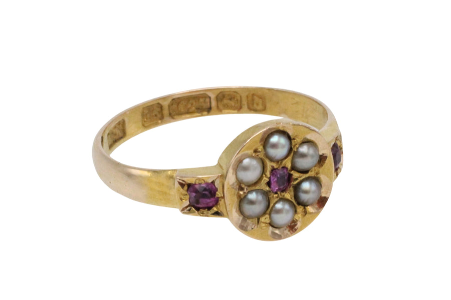 Victorian ruby and seed pearl ring from 1878-The Antique Ring Shop