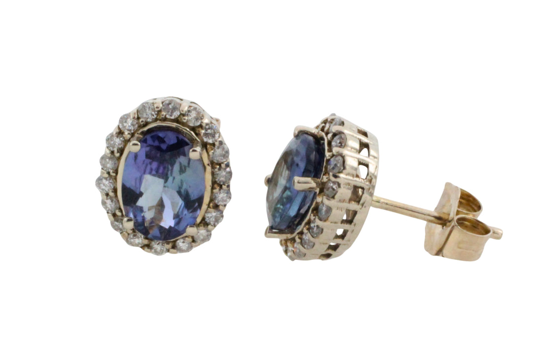 Tanzanite and diamond studs in 14 carat gold-Earrings-The Antique Ring Shop
