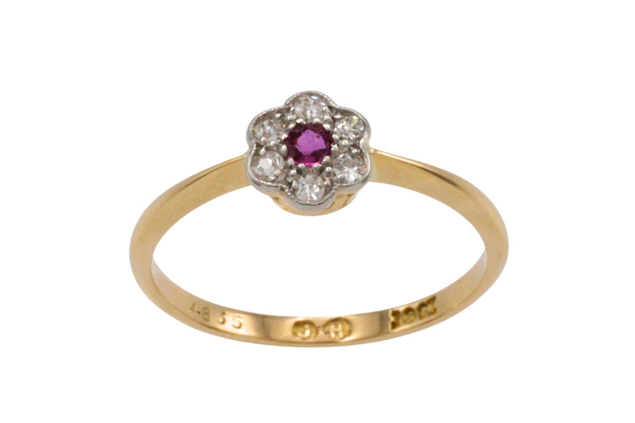 Edwardian old cut diamond and ruby ring in 18 carat gold