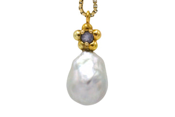 Baroque grey pearl and iolite pendant