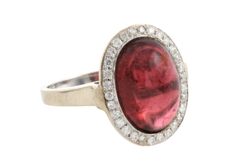 Cabochon pink tourmaline and diamond ring in white gold