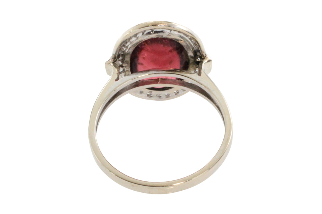 Cabochon pink tourmaline and diamond ring in white gold