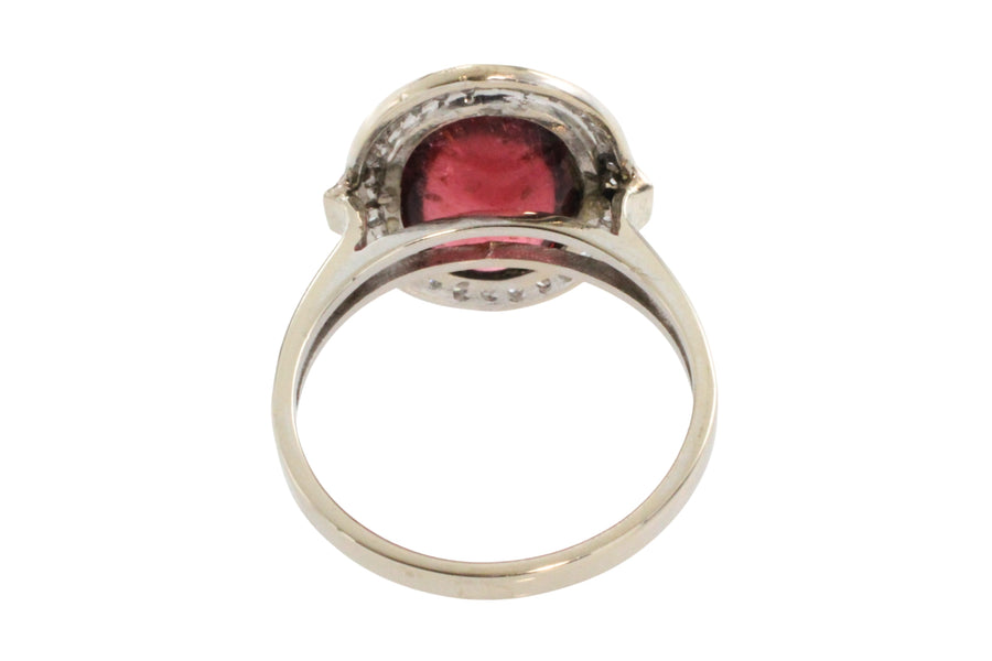 Cabochon pink tourmaline and diamond ring in white gold