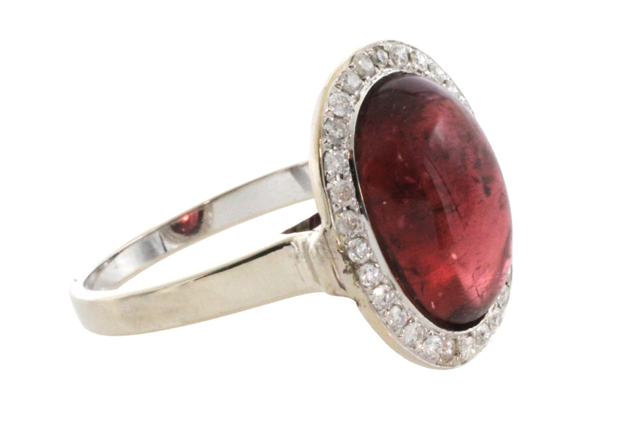 Cabochon pink tourmaline and diamond ring in white gold
