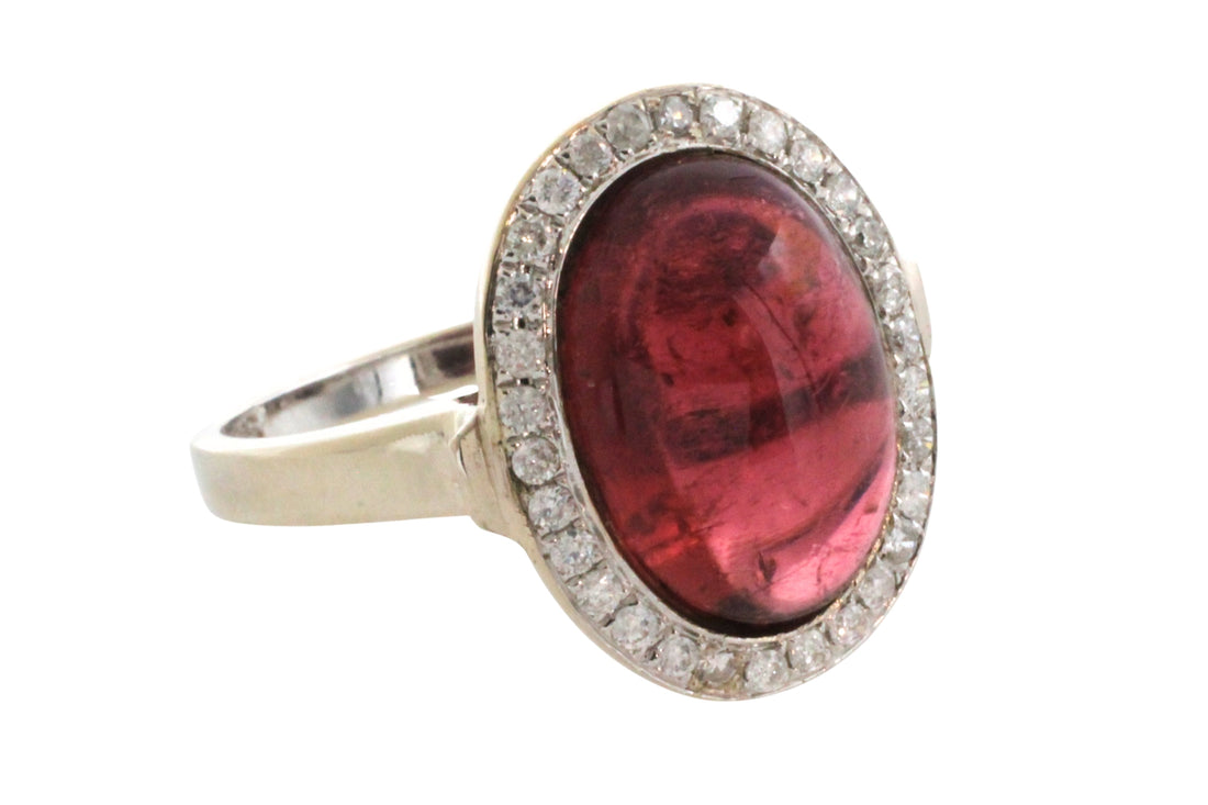 Cabochon pink tourmaline and diamond ring in white gold