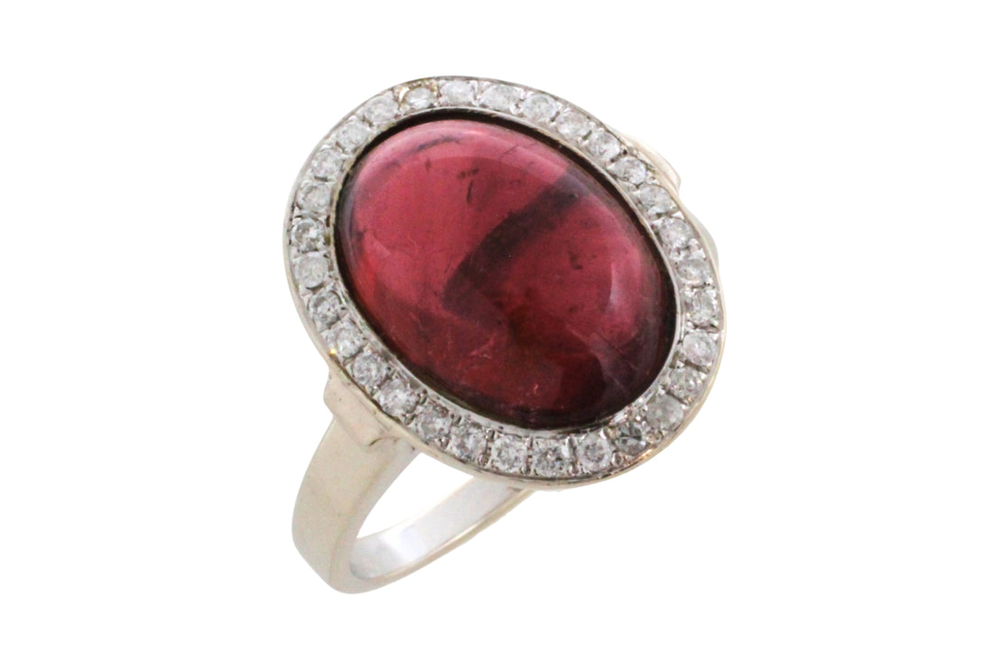 Cabochon pink tourmaline and diamond ring in white gold