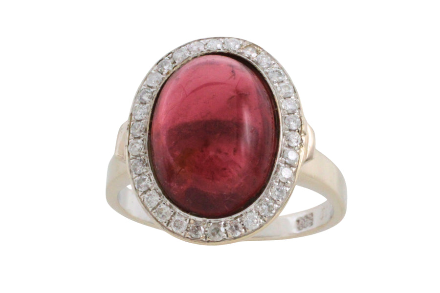 Cabochon pink tourmaline and diamond ring in white gold