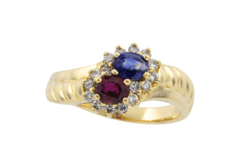 Rouby and sapphire double cluster ring
