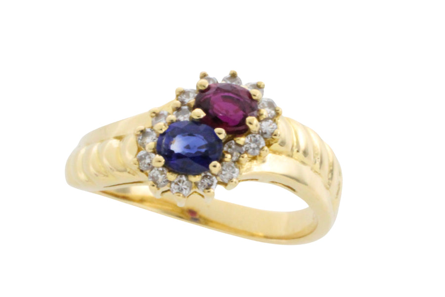 Rouby and sapphire double cluster ring