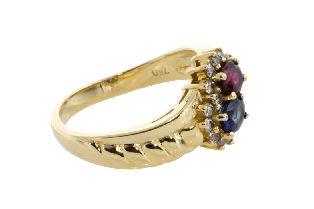 Rouby and sapphire double cluster ring