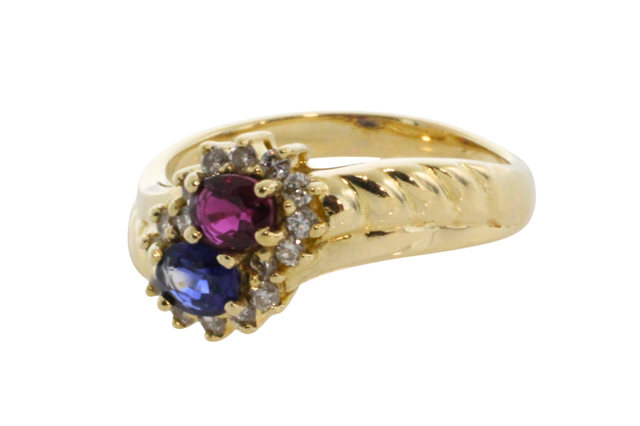 Rouby and sapphire double cluster ring