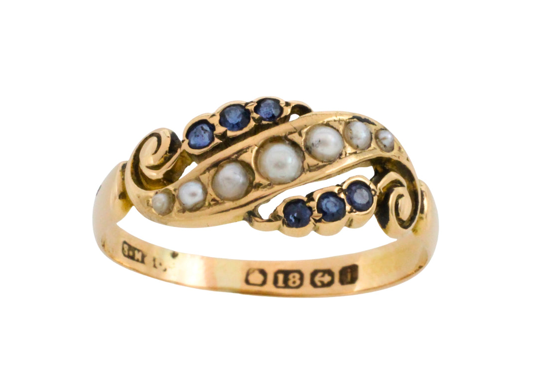 Edwardian sapphire and pearl ring from 1908
