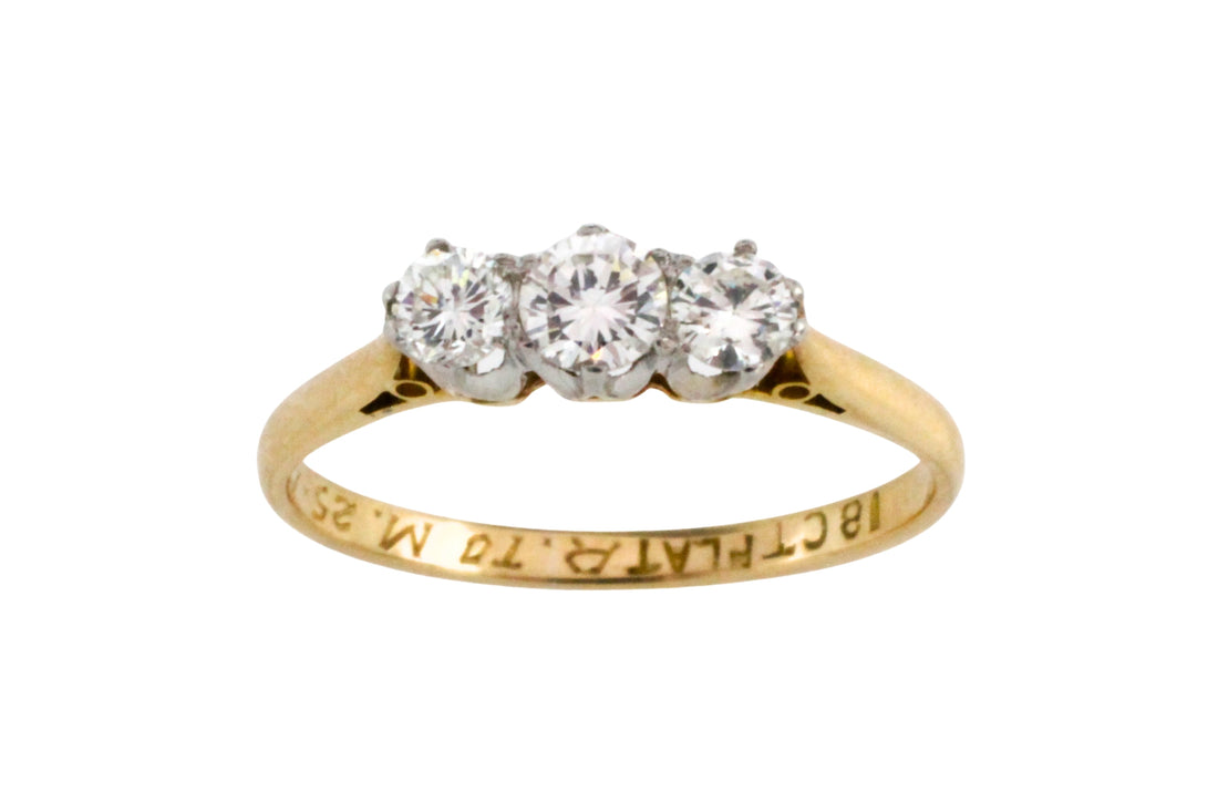 Vintage three stone brilliant cut diamond ring-engagement rings-The Antique Ring Shop