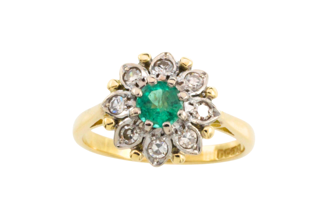 Vintage emerald and diamond cluster ring in gold and platinum-The Antique Ring Shop