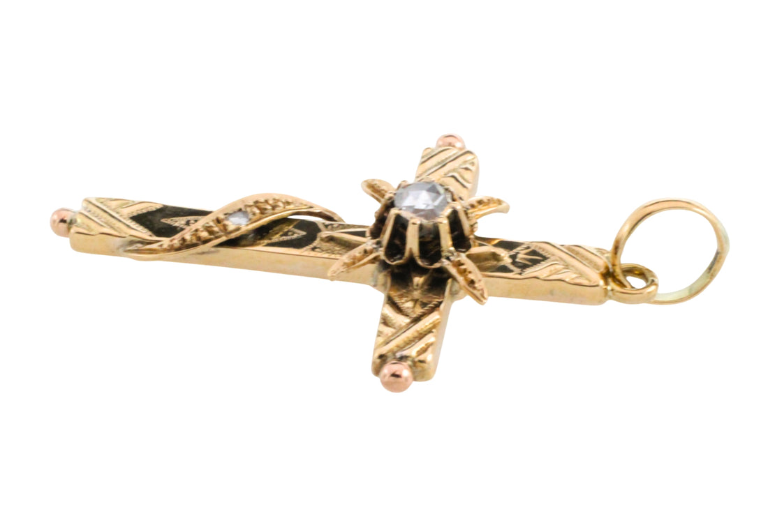 Vintage gold cross with rose diamonds-Pendants-The Antique Ring Shop