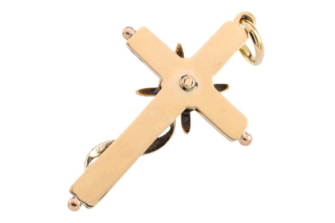 Vintage gold cross with rose diamonds-Pendants-The Antique Ring Shop