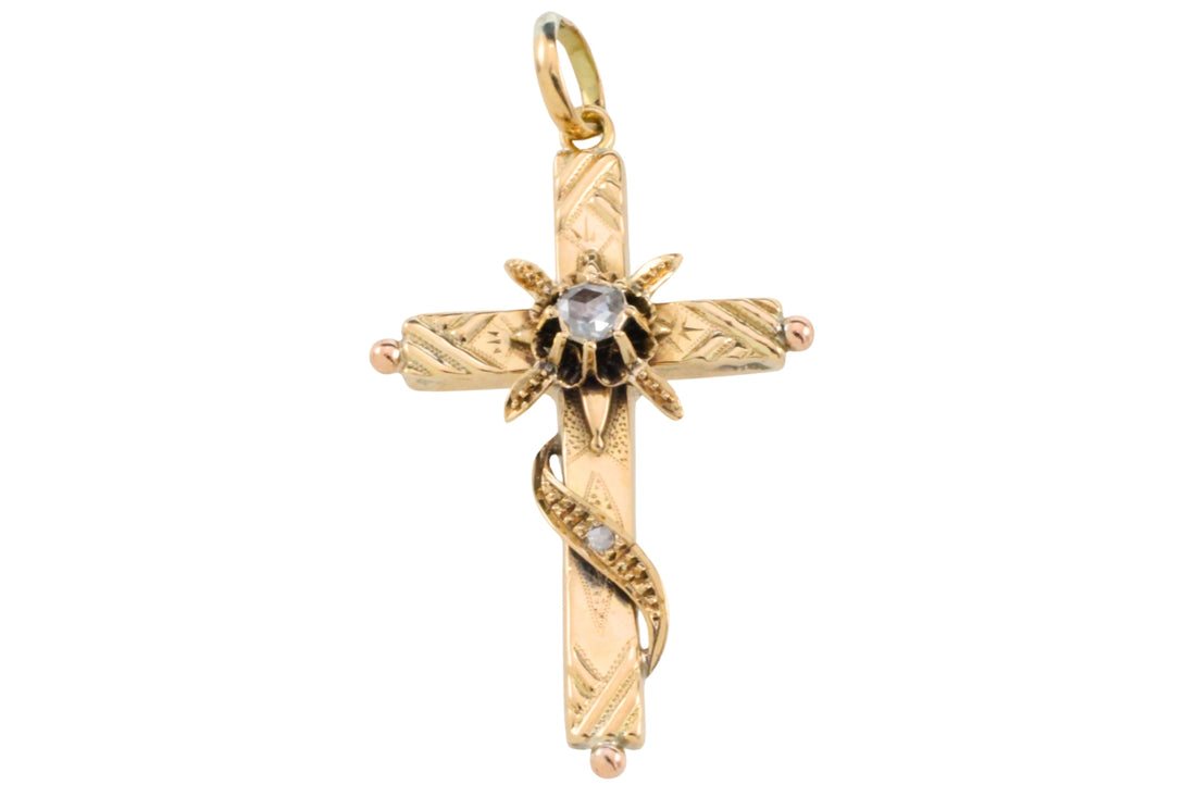 Vintage gold cross with rose diamonds-Pendants-The Antique Ring Shop