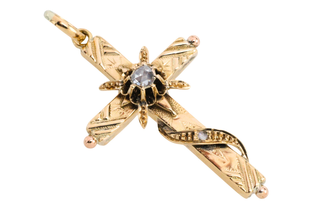 Vintage gold cross with rose diamonds-Pendants-The Antique Ring Shop