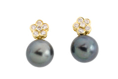 Diamond and grey pearl earrings-Earrings-The Antique Ring Shop