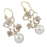 Pearl and rose diamond earrings in silver and gold-Earrings-The Antique Ring Shop