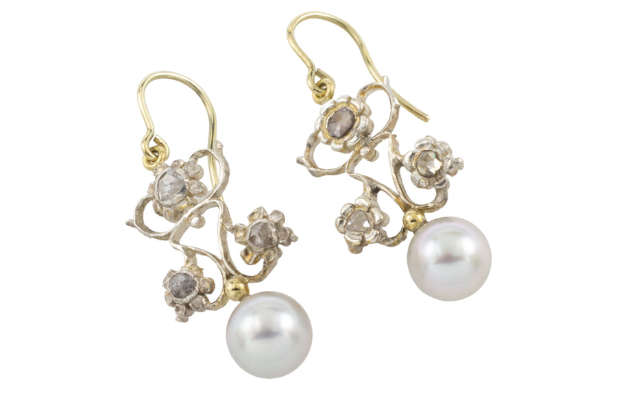 Pearl and rose diamond earrings in silver and gold-Earrings-The Antique Ring Shop