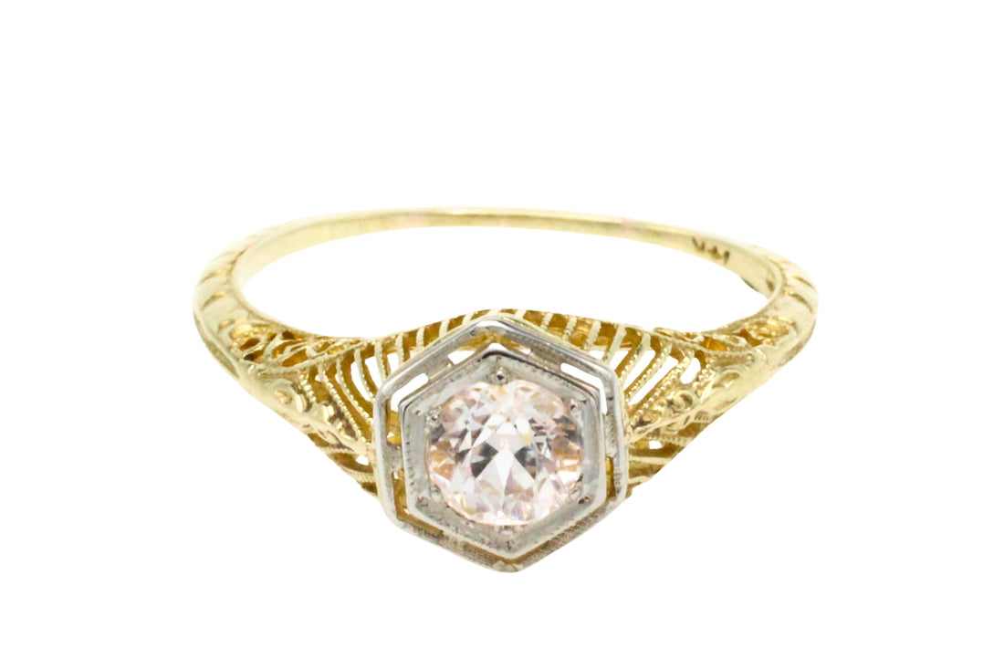 Vintage white sapphire yellow and white gold ring-Vintage Rings-The Antique Ring Shop