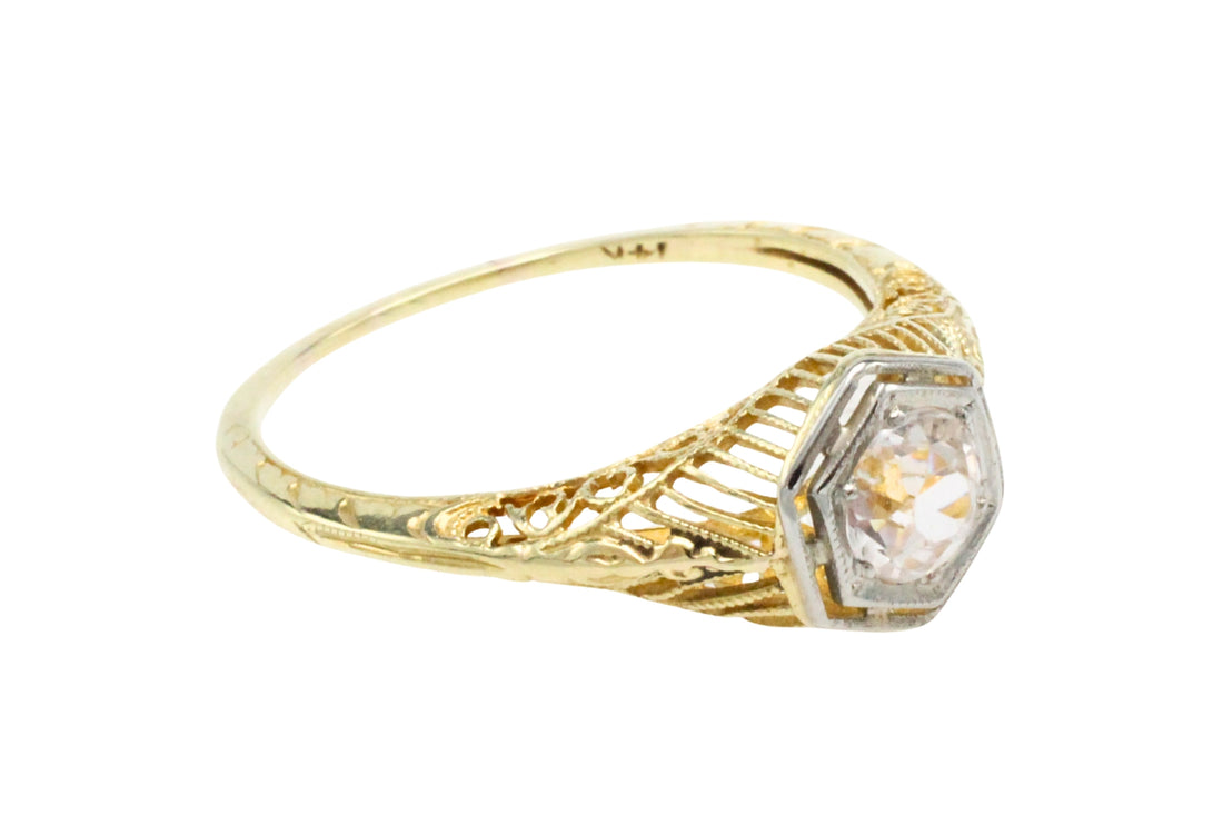 Vintage white sapphire yellow and white gold ring-Vintage Rings-The Antique Ring Shop
