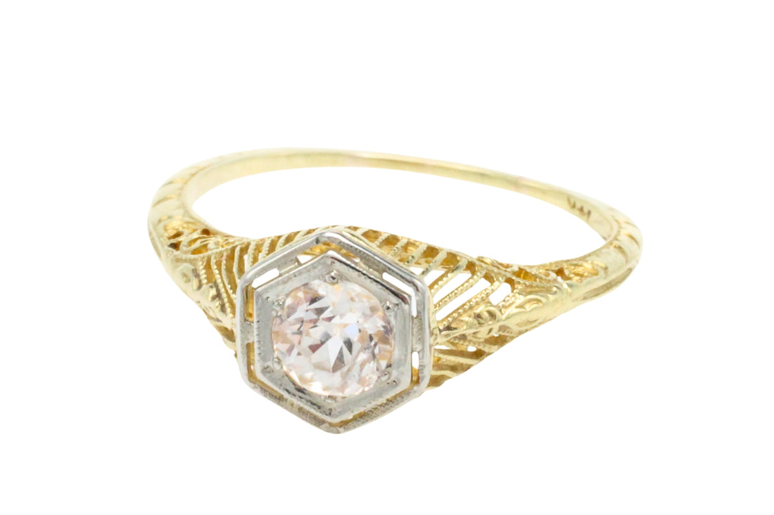 Vintage white sapphire yellow and white gold ring-Vintage Rings-The Antique Ring Shop