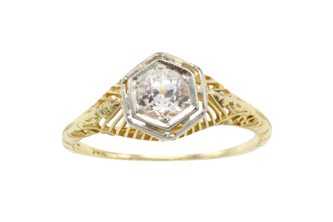 Vintage white sapphire yellow and white gold ring-Vintage Rings-The Antique Ring Shop