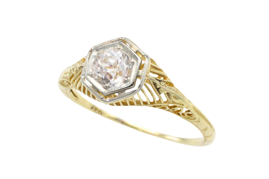 Vintage white sapphire yellow and white gold ring-Vintage Rings-The Antique Ring Shop