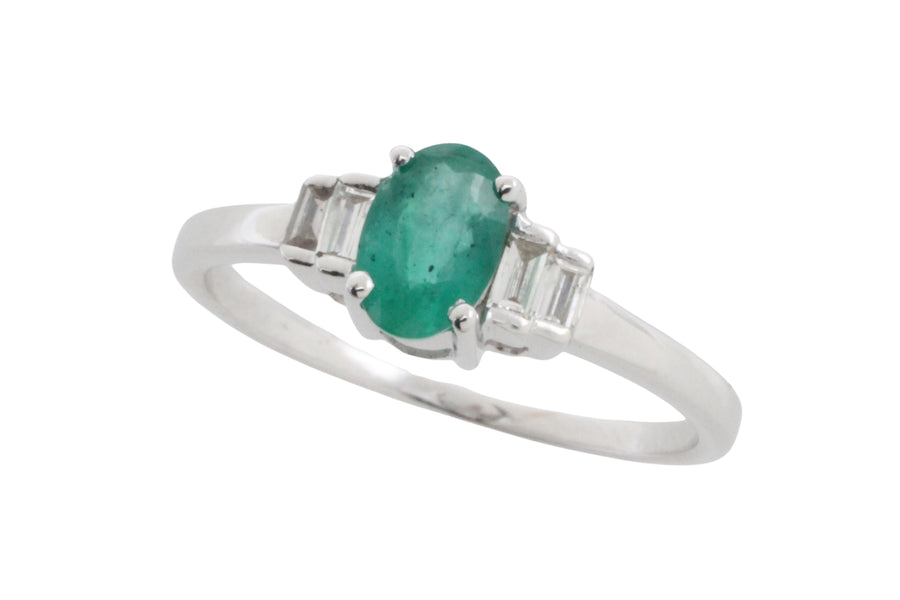 Emerald and diamond ring in white gold-engagement rings-The Antique Ring Shop