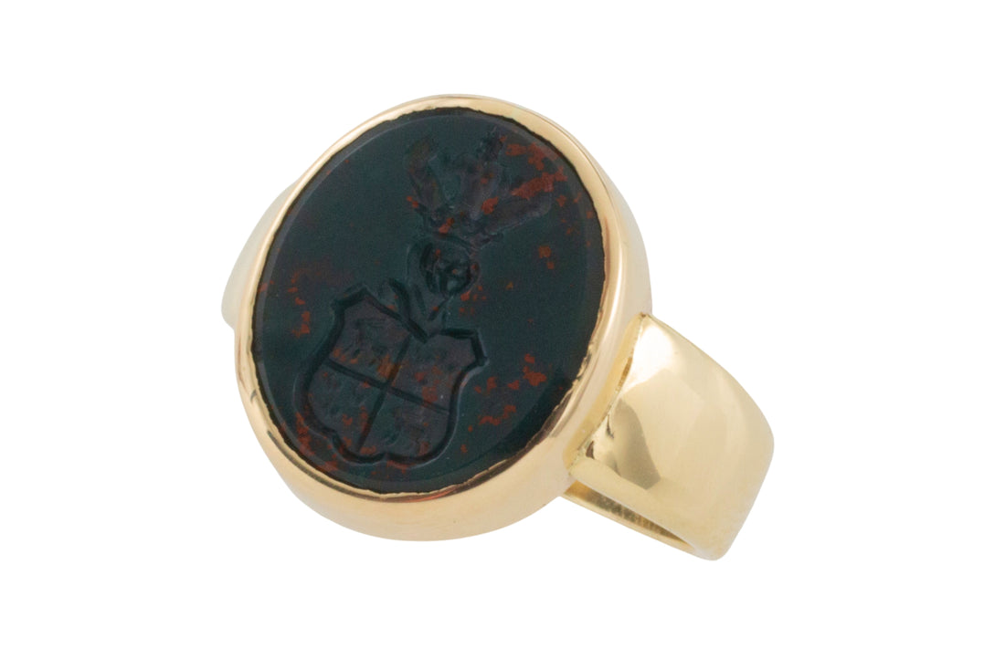 Vintage bloodstone signet ring with intaglio-gents rings-The Antique Ring Shop