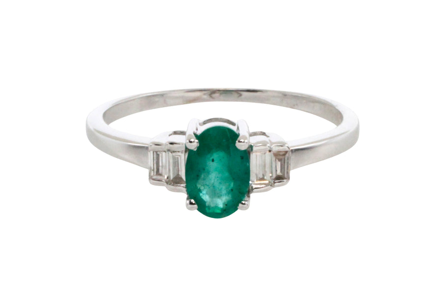 Emerald and diamond ring in white gold-engagement rings-The Antique Ring Shop