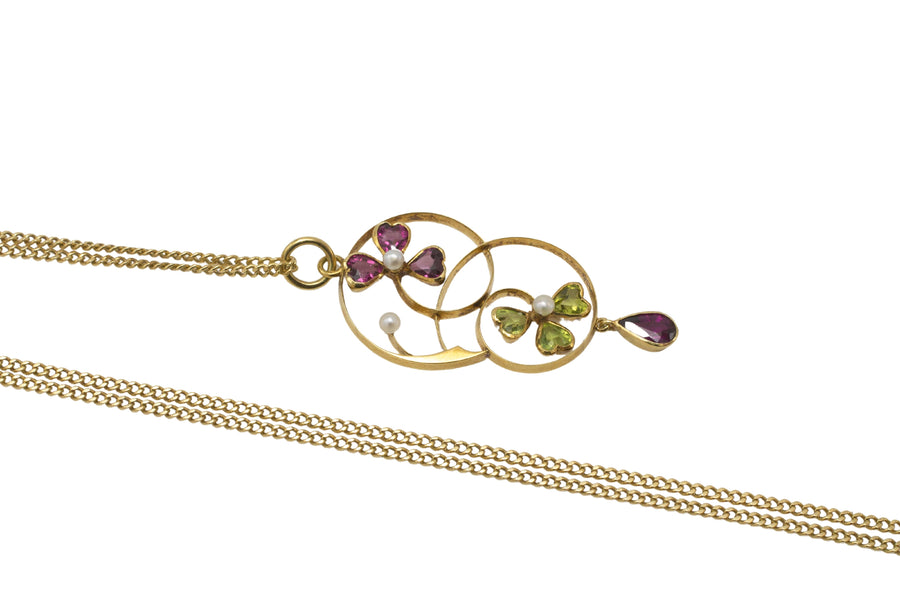 Edwardian 15 carat gold peridot, garnet and pearl pendant-Pendants-The Antique Ring Shop