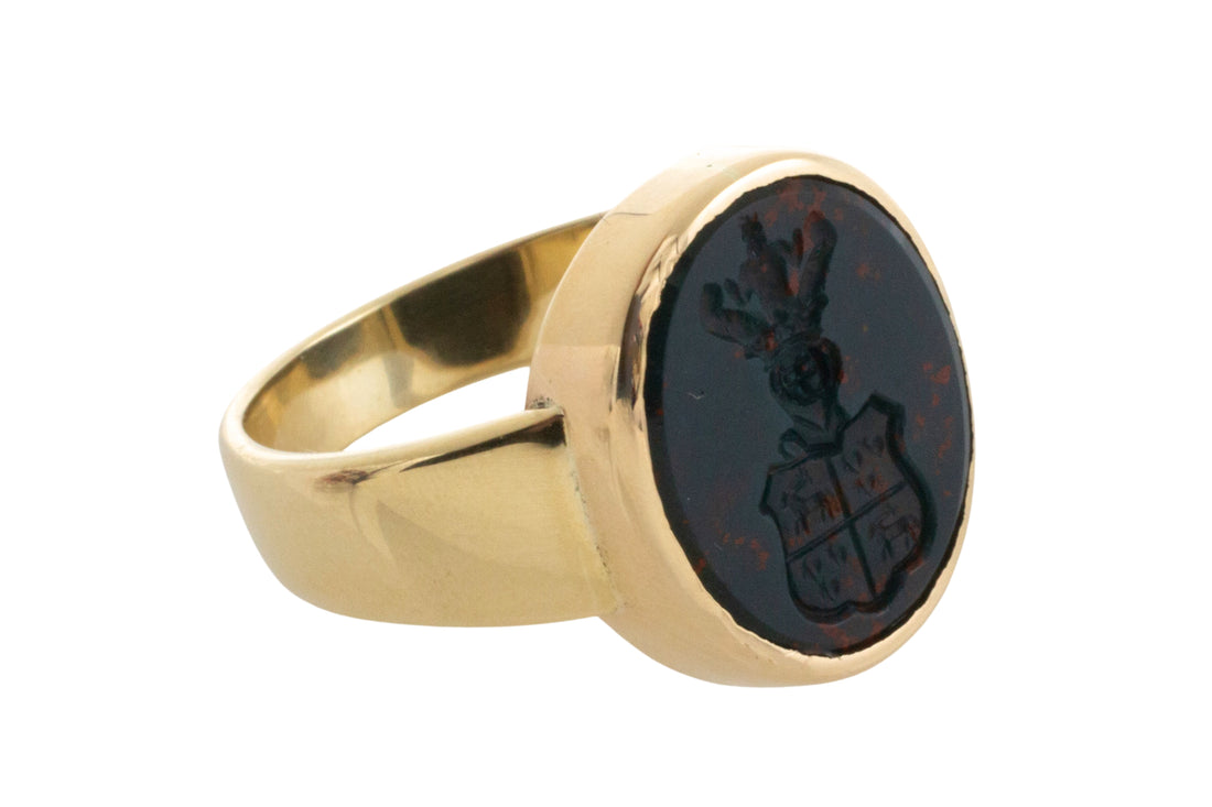 Vintage bloodstone signet ring with intaglio-gents rings-The Antique Ring Shop