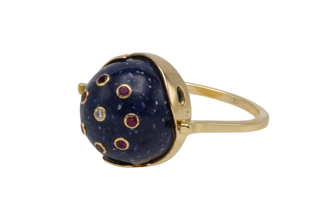 Cabochon sodalite ring with rubies and diamond-Vintage Rings-The Antique Ring Shop