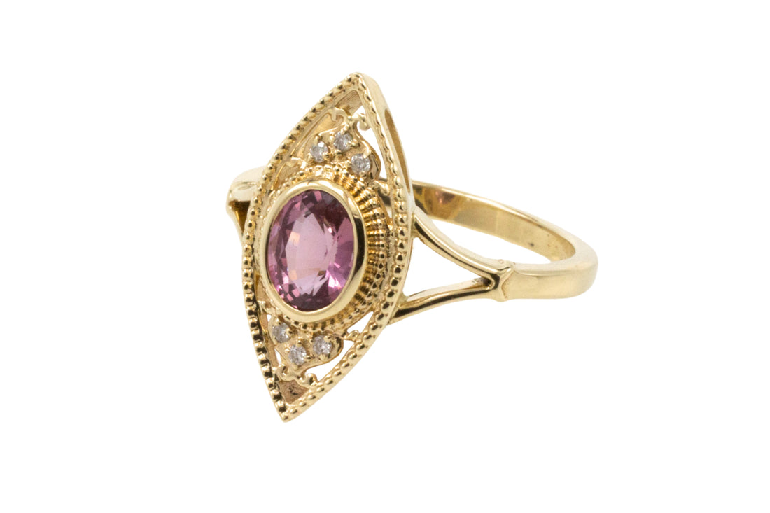 Pink sapphire marquise ring with diamonds-Vintage Rings-The Antique Ring Shop