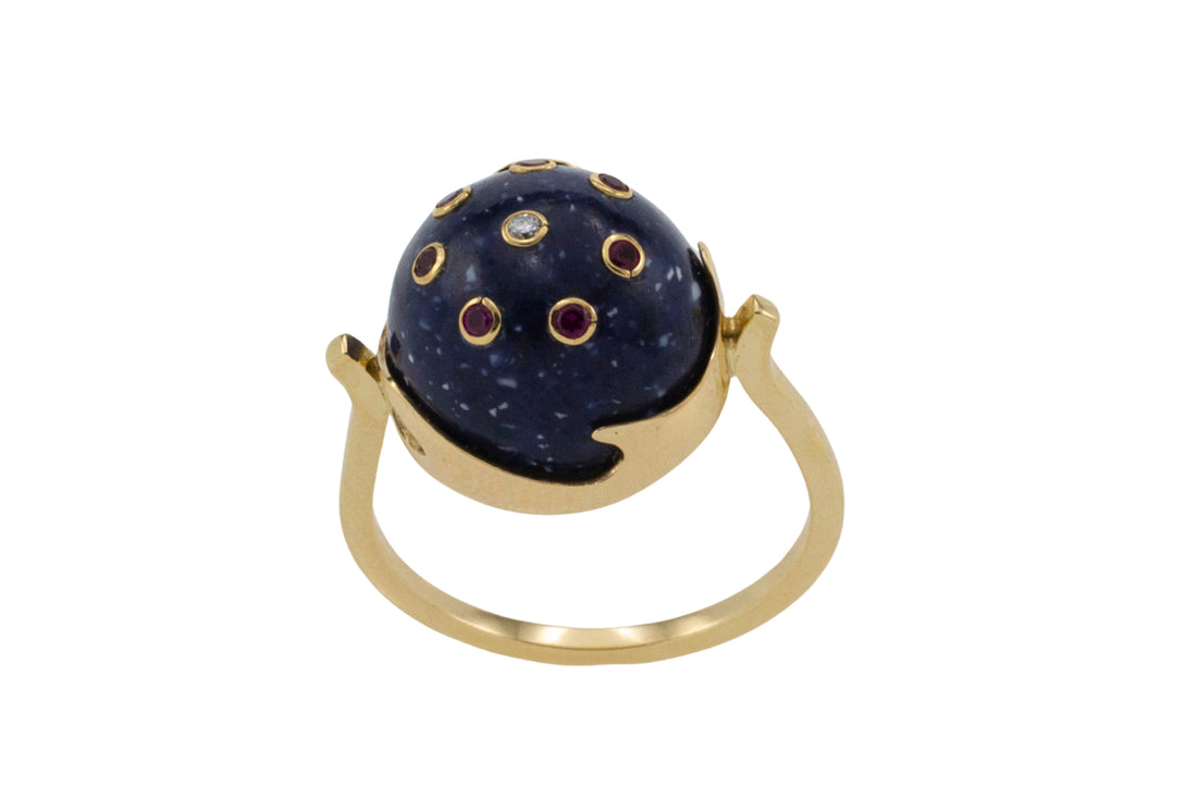 Cabochon sodalite ring with rubies and diamond-Vintage Rings-The Antique Ring Shop