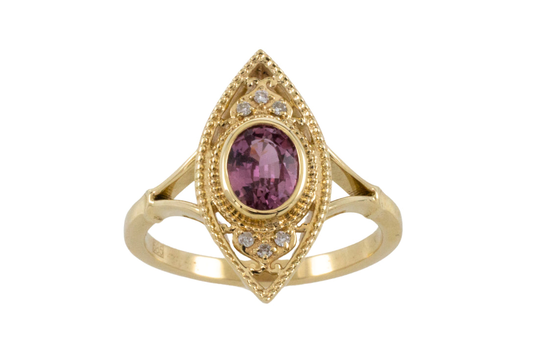 Pink sapphire marquise ring with diamonds-Vintage Rings-The Antique Ring Shop