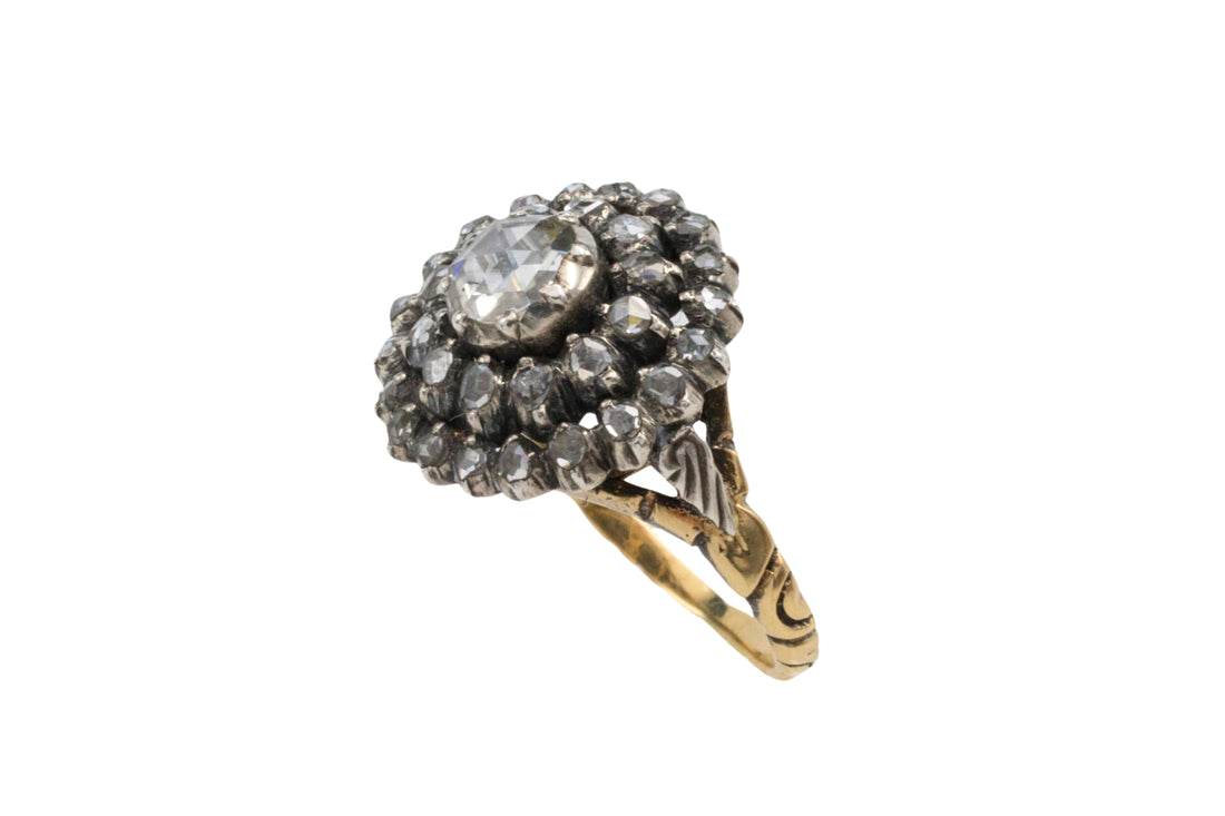 Klassieke roosdiamanten cluster ring in goud en zilver