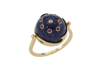 Cabochon sodalite ring with rubies and diamond-Vintage Rings-The Antique Ring Shop